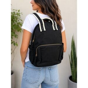 Universal Thread Black Canvas Mini Backpack Gold Zippers Striped Straps